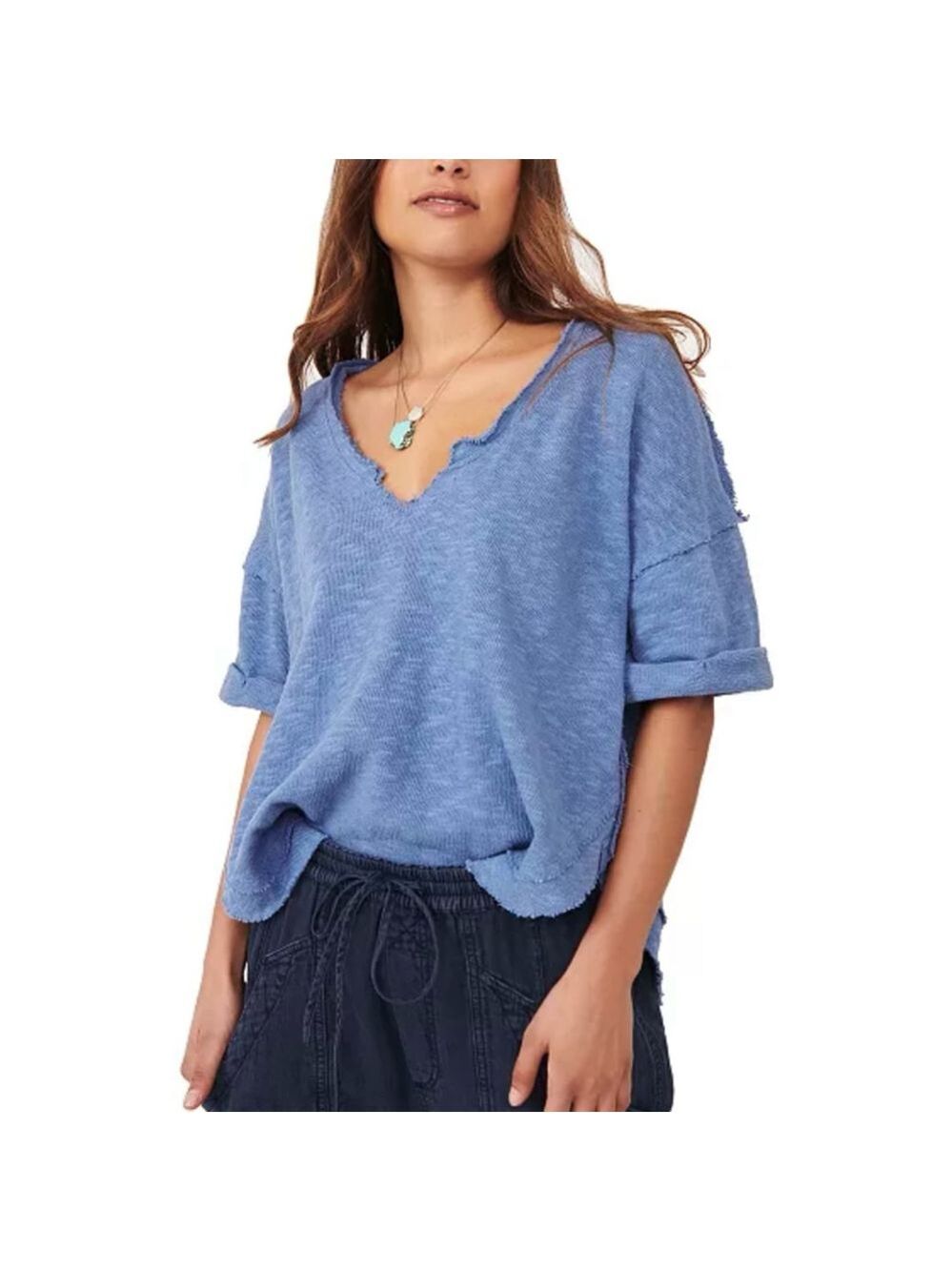 We The Free Blue Frayed V-Neck Slub Tee Top S Boho Oversized Cotton Knit Lagen